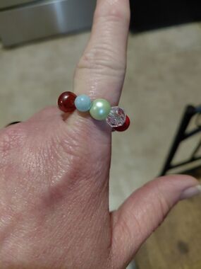 Stretch Bead Ring in Red, Aqua & Pearl